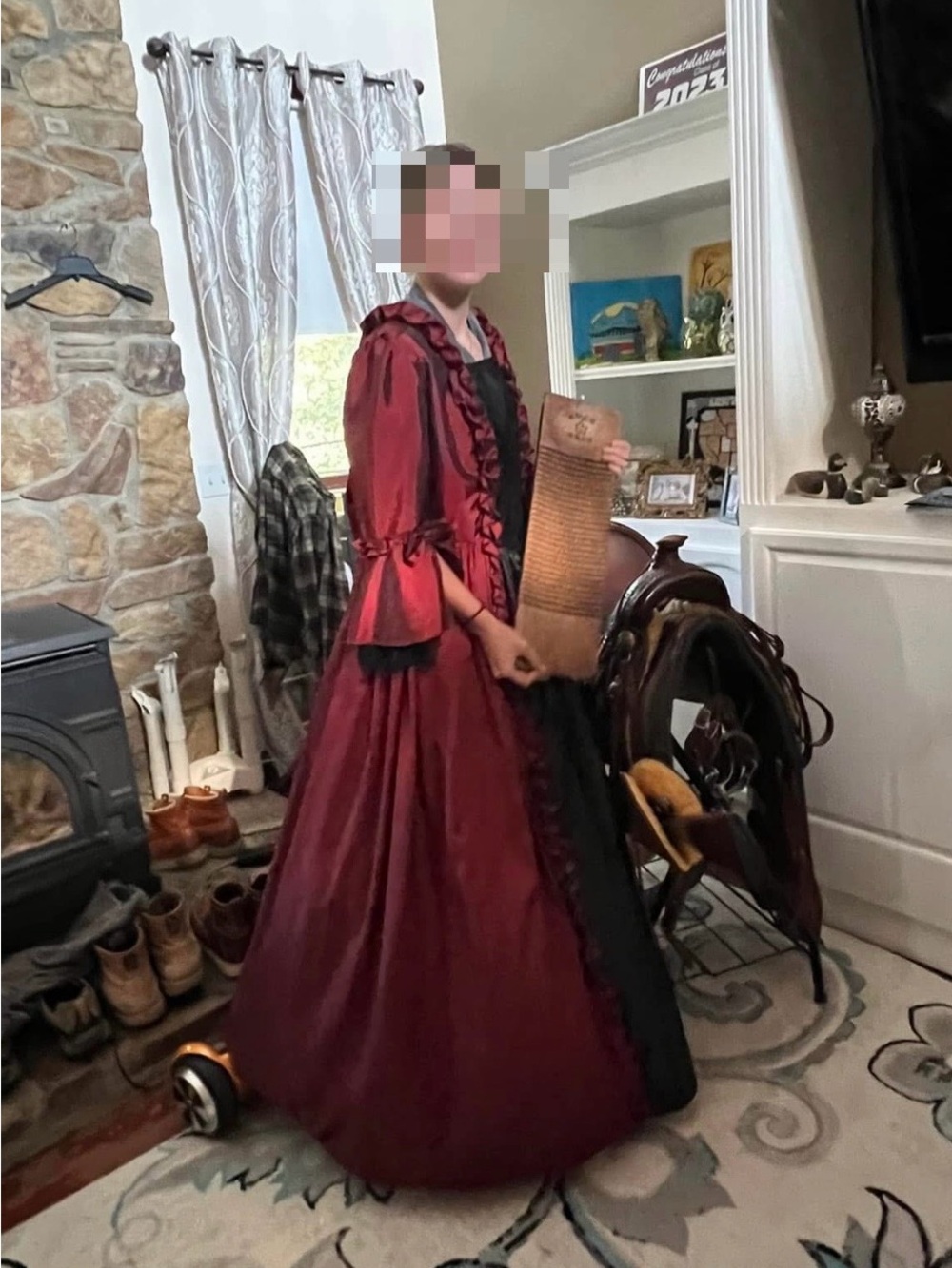 Burgundy and Black Victorian-Style Women's Dress